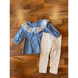 Blueberry Boulevard Tunic and Leggings Set Kids 2T Blue denim Cream Lace Ruffle